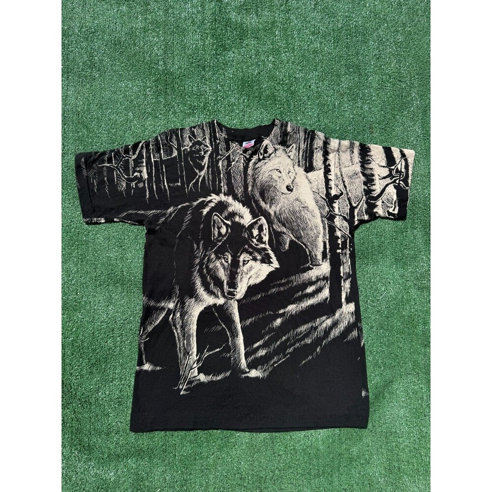 Vintage 90s Wolf All Over Print T-Shirt Medium Single Stitch USA Black Nature